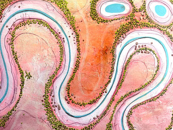 Across Chinks of Time  is a colourful textured aerial landscape in orange, pink  and yellow  tones with vivid blue winding river dotted with tiny trees running horizontally across the landscape.