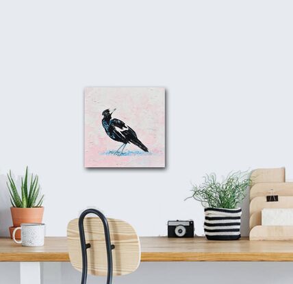 Textured oil painting of an Australian native Magpie bird on a pale pink textured background.