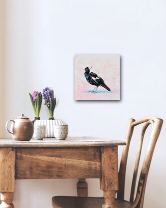 Textured oil painting of an Australian native Magpie bird on a pale pink textured background.