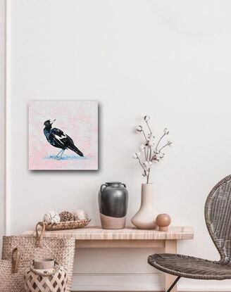 Textured oil painting of an Australian native Magpie bird on a pale pink textured background.