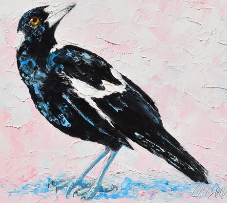 Textured oil painting of an Australian native Magpie bird on a pale pink textured background.