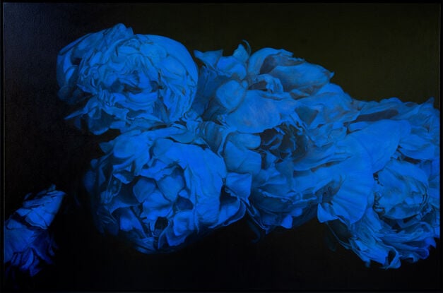 Petals of the Night Sky is a bold contemporary painting of moonlit peonies by Nicole Reed 