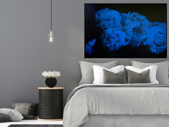 Petals of the Night Sky is a bold contemporary painting of moonlit peonies by Nicole Reed 