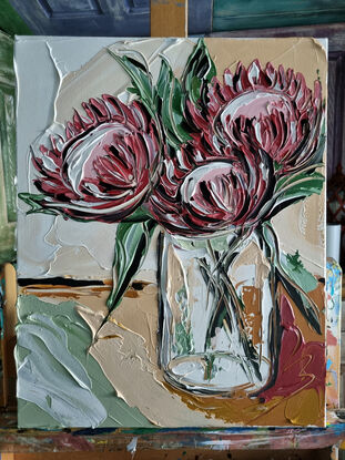 three pink proteas in vase textured abstract

