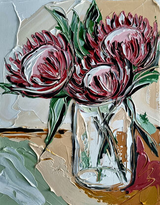 three pink proteas in vase textured abstract

