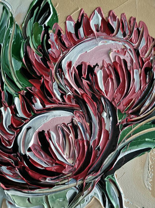 three pink proteas in vase textured abstract

