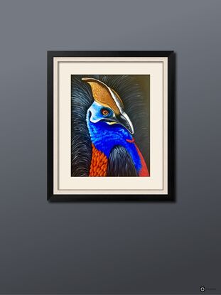 A beautiful majestic bird native to Australia, this cassowary is brightly coloured on a black background. It has piercing eyes that follow you around the room. The main colours are the primary colours of blue, red and yellow.