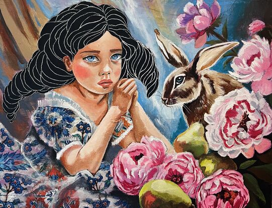 Girl sitting amongst peonies and a her pet rabbit 