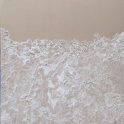 Sea Foam in Blushed is brown toned pink in the background and the bottom 3/4 is covered with white, semi-transparent white textured sea  foam.