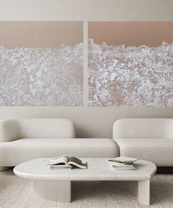 Sea Foam in Blushed is brown toned pink in the background and the bottom 3/4 is covered with white, semi-transparent white textured sea  foam.