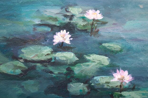 A serene landscape depicts water lilies floating on a tranquil pond, with a cluster of trees in the background under a hazy sky. The prominent use of greens and blues evokes a calming and peaceful atmosphere.