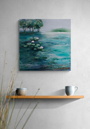 A serene landscape depicts water lilies floating on a tranquil pond, with a cluster of trees in the background under a hazy sky. The prominent use of greens and blues evokes a calming and peaceful atmosphere.