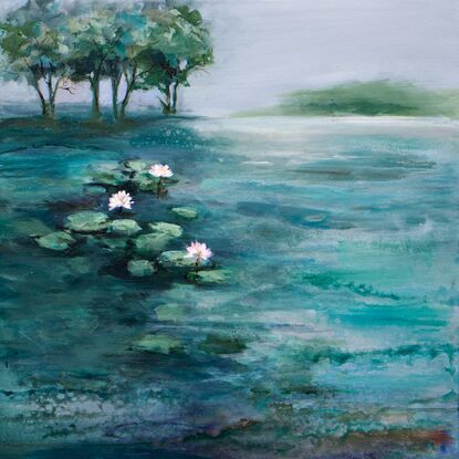 A serene landscape depicts water lilies floating on a tranquil pond, with a cluster of trees in the background under a hazy sky. The prominent use of greens and blues evokes a calming and peaceful atmosphere.