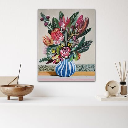 A whimsical decorative still life with Australian native flowers.
