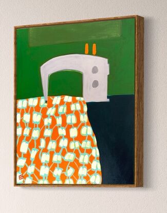 Stylized painting of a vintage sewing machine on a green background, sewing a white and rust orange patterned fabric on navy blue background.