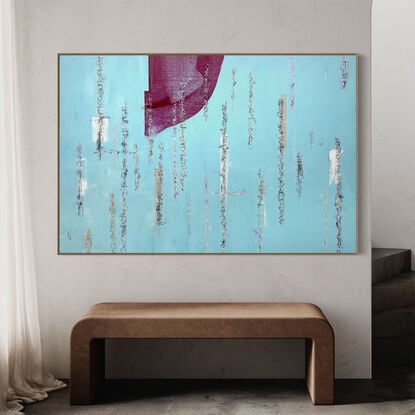 Large abstract of textured acrylic paint, ink, pastel and charcoal on a weathered ground of earthy blue tones with a wave of magenta.