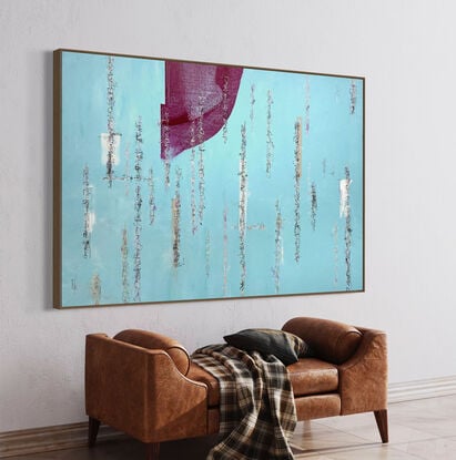 Large abstract of textured acrylic paint, ink, pastel and charcoal on a weathered ground of earthy blue tones with a wave of magenta.