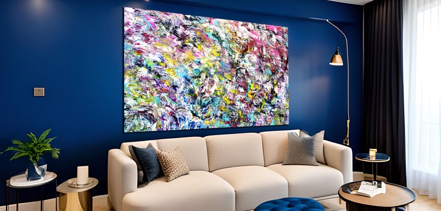 Images show the painting in different lounge rooms