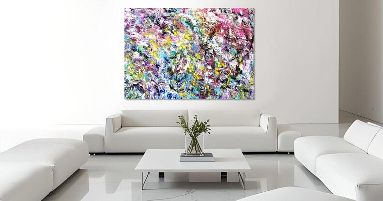 Images show the painting in different lounge rooms