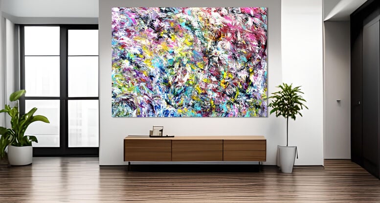 Images show the painting in different lounge rooms