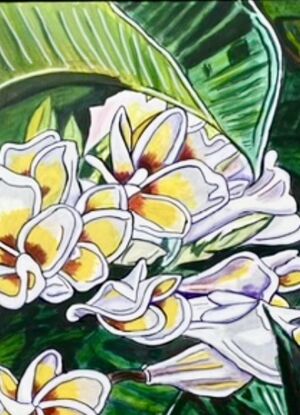 Close up view of the white and yellow flowers and the big luscious green leaves of a frangipani tree. Painted in a pop/cartoonish style of bright colours and bold outlines. 