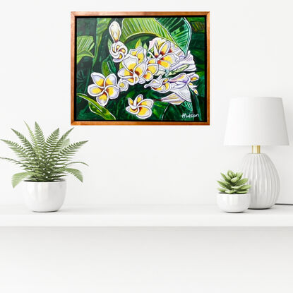 Close up view of the white and yellow flowers and the big luscious green leaves of a frangipani tree. Painted in a pop/cartoonish style of bright colours and bold outlines. 