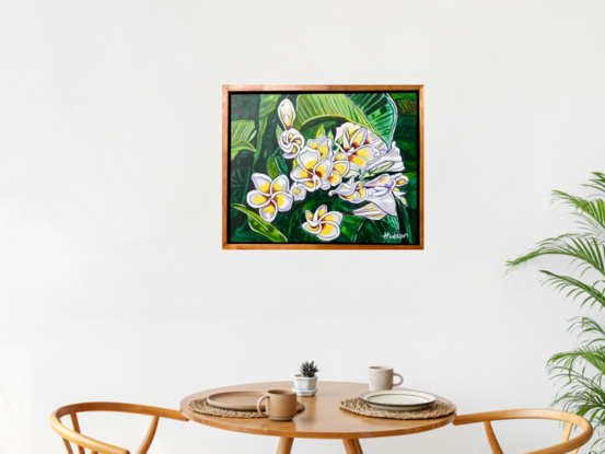 Close up view of the white and yellow flowers and the big luscious green leaves of a frangipani tree. Painted in a pop/cartoonish style of bright colours and bold outlines. 