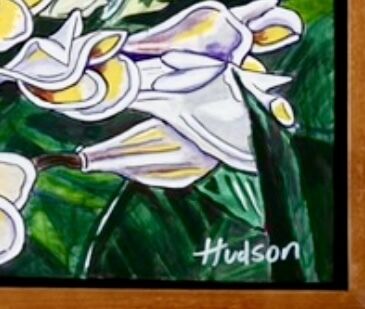 Close up view of the white and yellow flowers and the big luscious green leaves of a frangipani tree. Painted in a pop/cartoonish style of bright colours and bold outlines. 