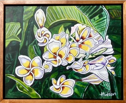 Close up view of the white and yellow flowers and the big luscious green leaves of a frangipani tree. Painted in a pop/cartoonish style of bright colours and bold outlines. 