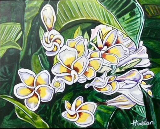 Close up view of the white and yellow flowers and the big luscious green leaves of a frangipani tree. Painted in a pop/cartoonish style of bright colours and bold outlines. 