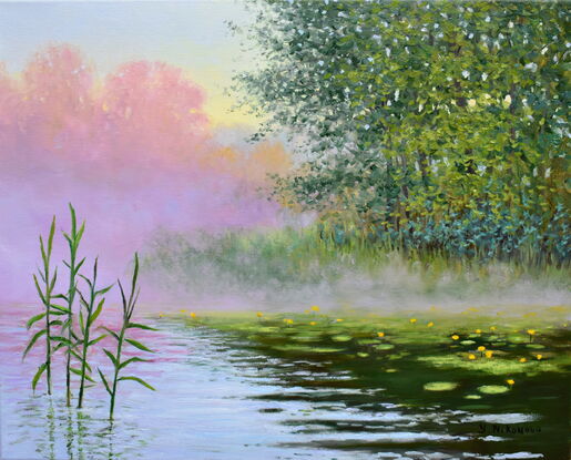 Landscape painting with gentle morning fog over the water of a pond