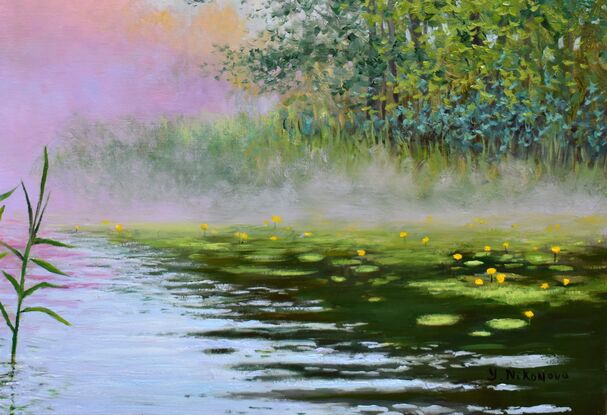 Landscape painting with gentle morning fog over the water of a pond