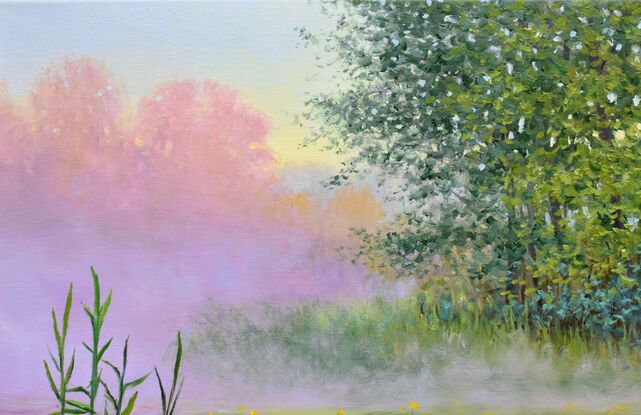 Landscape painting with gentle morning fog over the water of a pond