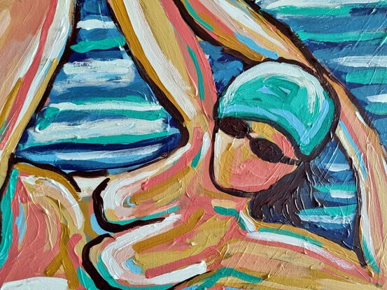 A woman in abstract way on a beach towel 