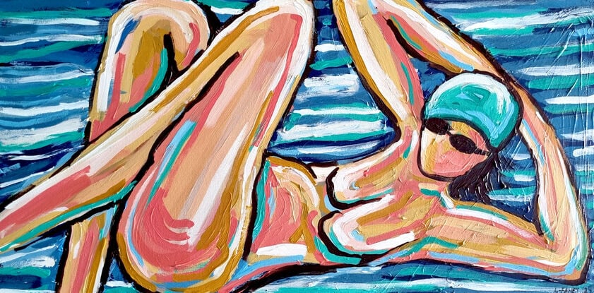 A woman in abstract way on a beach towel 