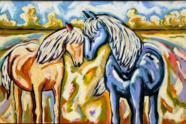 Two horses in a very stylised landscape making a deep connection.