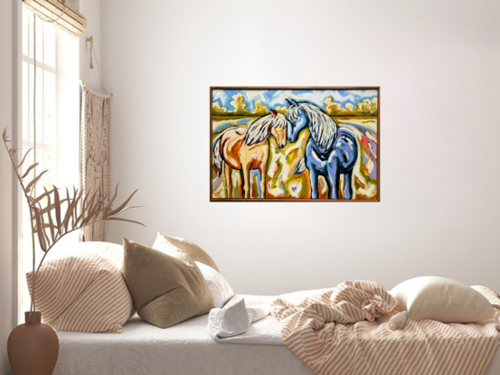 Two horses in a very stylised landscape making a deep connection.