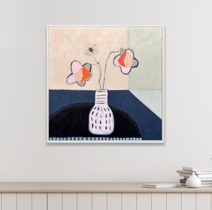 Abstract painting on canvas of flowers in a vase using varying tones of greens and blues.