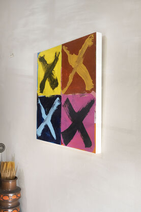 Colourful abstract painting with four loosely-brushed “X” marks on top.