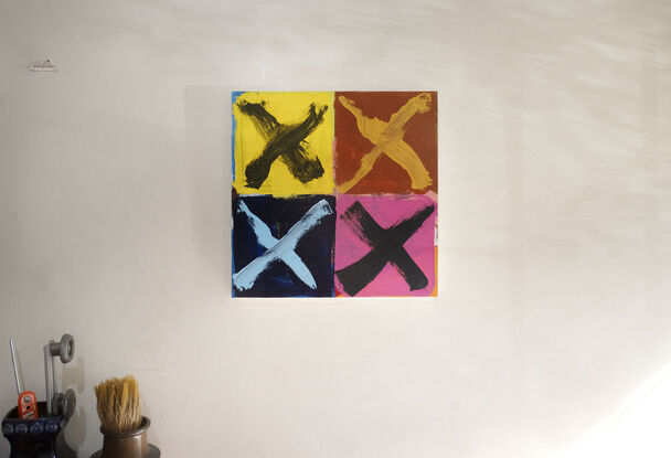 Colourful abstract painting with four loosely-brushed “X” marks on top.