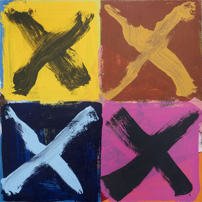 Colourful abstract painting with four loosely-brushed “X” marks on top.