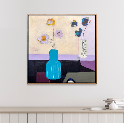 Abstract painting on canvas of flowers in a vases.