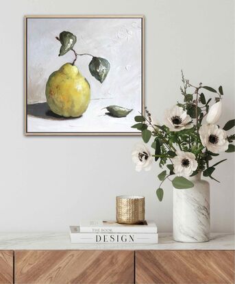 A small original still life painting of a quince with leaves on a neutral background