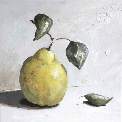 A small original still life painting of a quince with leaves on a neutral background