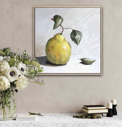 A small original still life painting of a quince with leaves on a neutral background