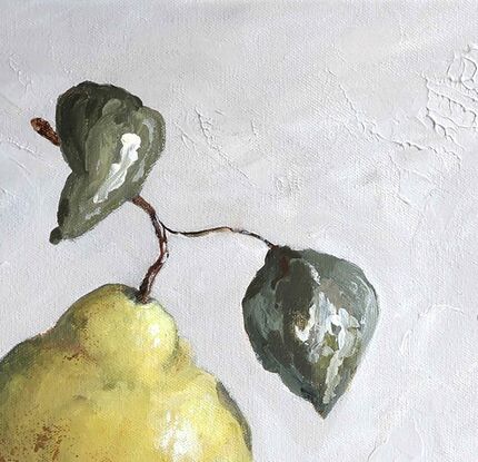 A small original still life painting of a quince with leaves on a neutral background