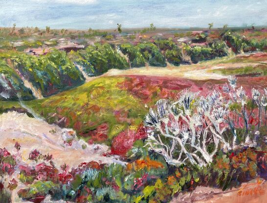 An expressionist landscape painting of samphire and mangroves in the saltmarshes.
Beautiful colours of ink green yellow, orange and blue.
