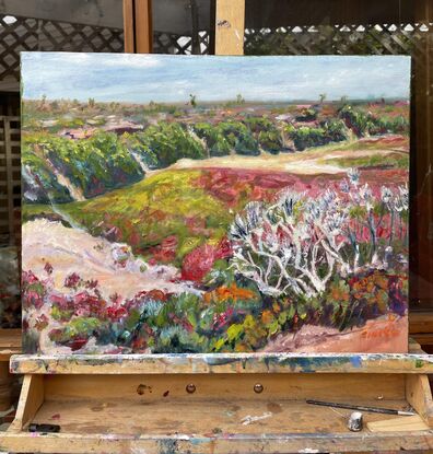 An expressionist landscape painting of samphire and mangroves in the saltmarshes.
Beautiful colours of ink green yellow, orange and blue.
