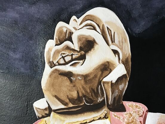 A perspective watercolour painting of a happy Buddha and a little lady under a lamp.