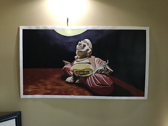 A perspective watercolour painting of a happy Buddha and a little lady under a lamp.